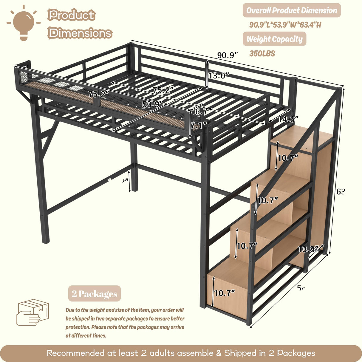 Full Loft Beds with Storage Beside Shelves and Wardrobe, Metal Loft Bed Full with LED Lights and USB Ports, Heavy-Duty Loft Bed Frame for Teens, Adults, Noise-Free & Space-Saving, Black Bellemave