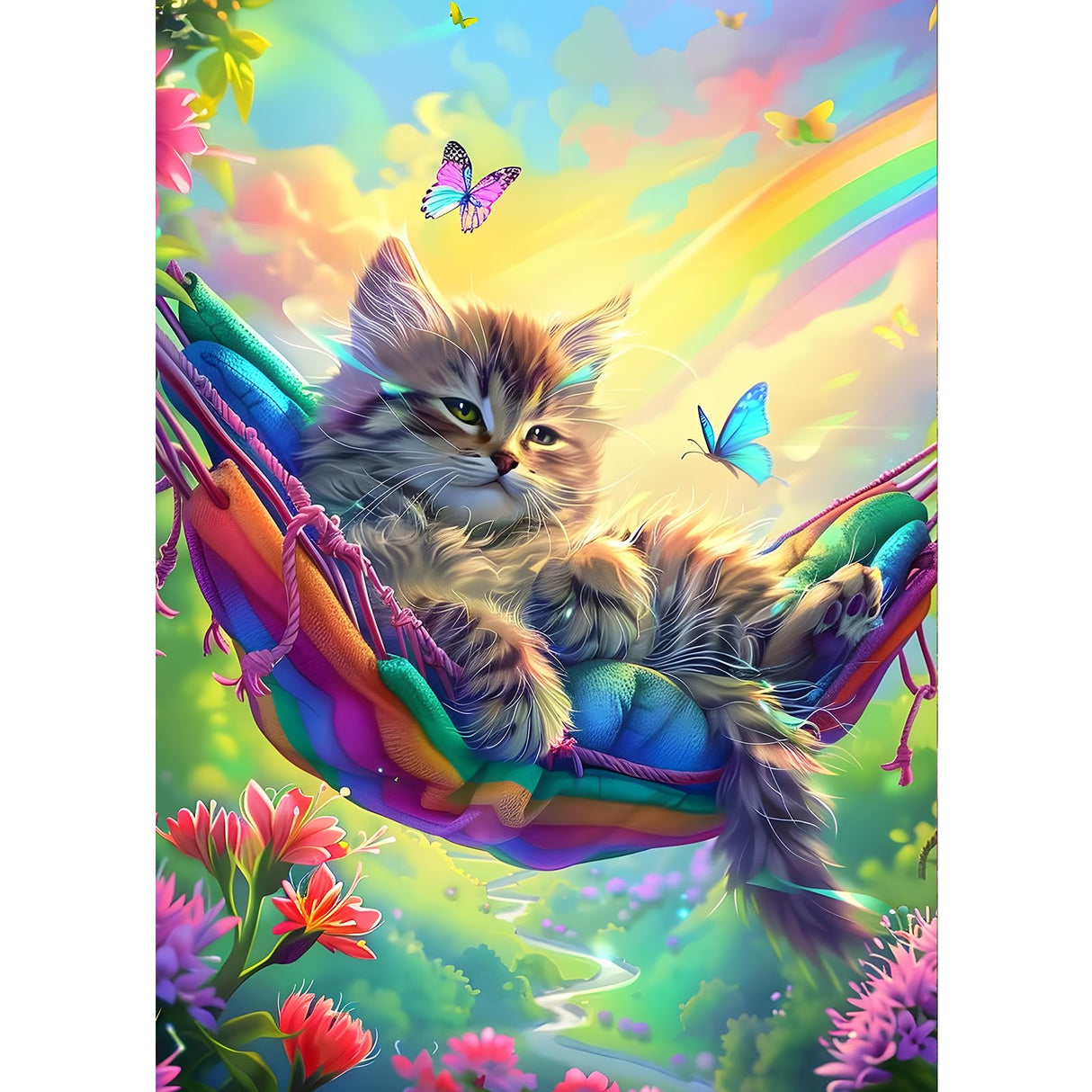 GDYEEH DIY 5D Hammock Cat Diamond Art Kits, Round Full Drill Rainbow Diamond Painting Picture, Dreamy Butterfly Painting by Numbers Art Kits for Adults Beginners Home Wall Decor 12x16 inch GDYEEH