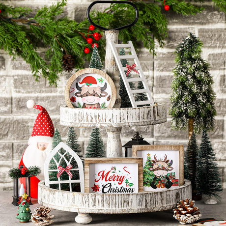 48 Pcs Interchangeable Seasonal Tiered Tray Decor Set Farmhouse Holiday Fall Halloween Tiered Decorations Include Wood Frames with Ladders Cards Bow Knot (New Color,Highland Cow) Bencailor