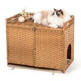 Cat Litter Box Enclosure and Hall Table, Handwoven Rattan Cat Litter Box Hider Furniture with 2 Litter Mats, Three-Sided Fenced Top, Large 30.3”L x 18.2”W x 24.2”H, Ombre Wheat Furriends