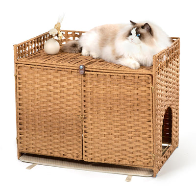 Cat Litter Box Enclosure and Hall Table, Handwoven Rattan Cat Litter Box Hider Furniture with 2 Litter Mats, Three-Sided Fenced Top, Large 30.3”L x 18.2”W x 24.2”H, Ombre Wheat