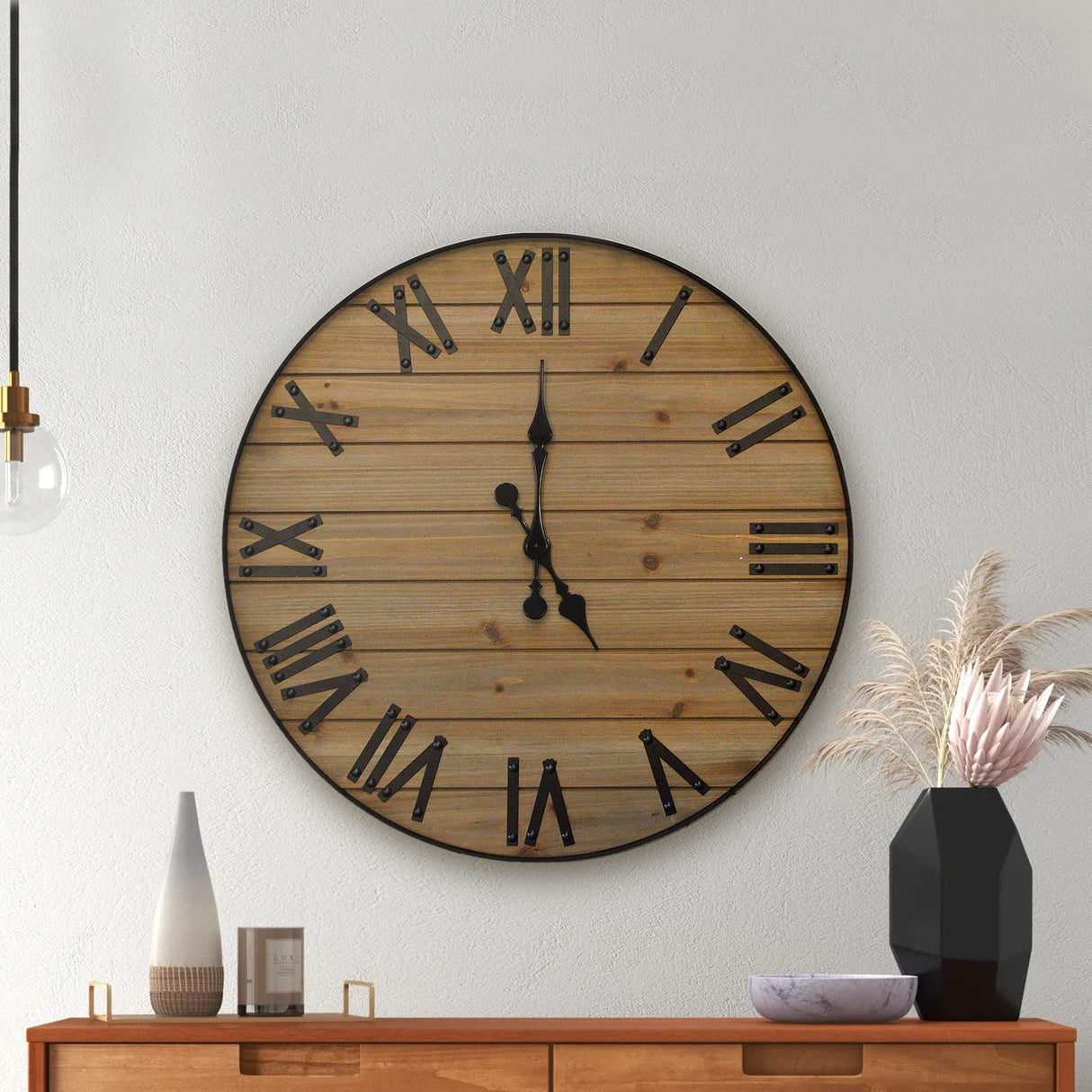 Wallcharmers Large Oversized Rustic Wall Clock, 24” | Handmade with Real Wood and Roman Numerals Wallcharmers