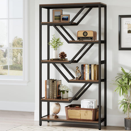 Tribesigns 6-Tier Bookshelf, 72-Inch Tall Industrial Open Storage Organizer, Freestanding Wood Display Rack with Metal Frame for Living Room, Bedroom, Home Office, Rustic Brown and Black Tribesigns