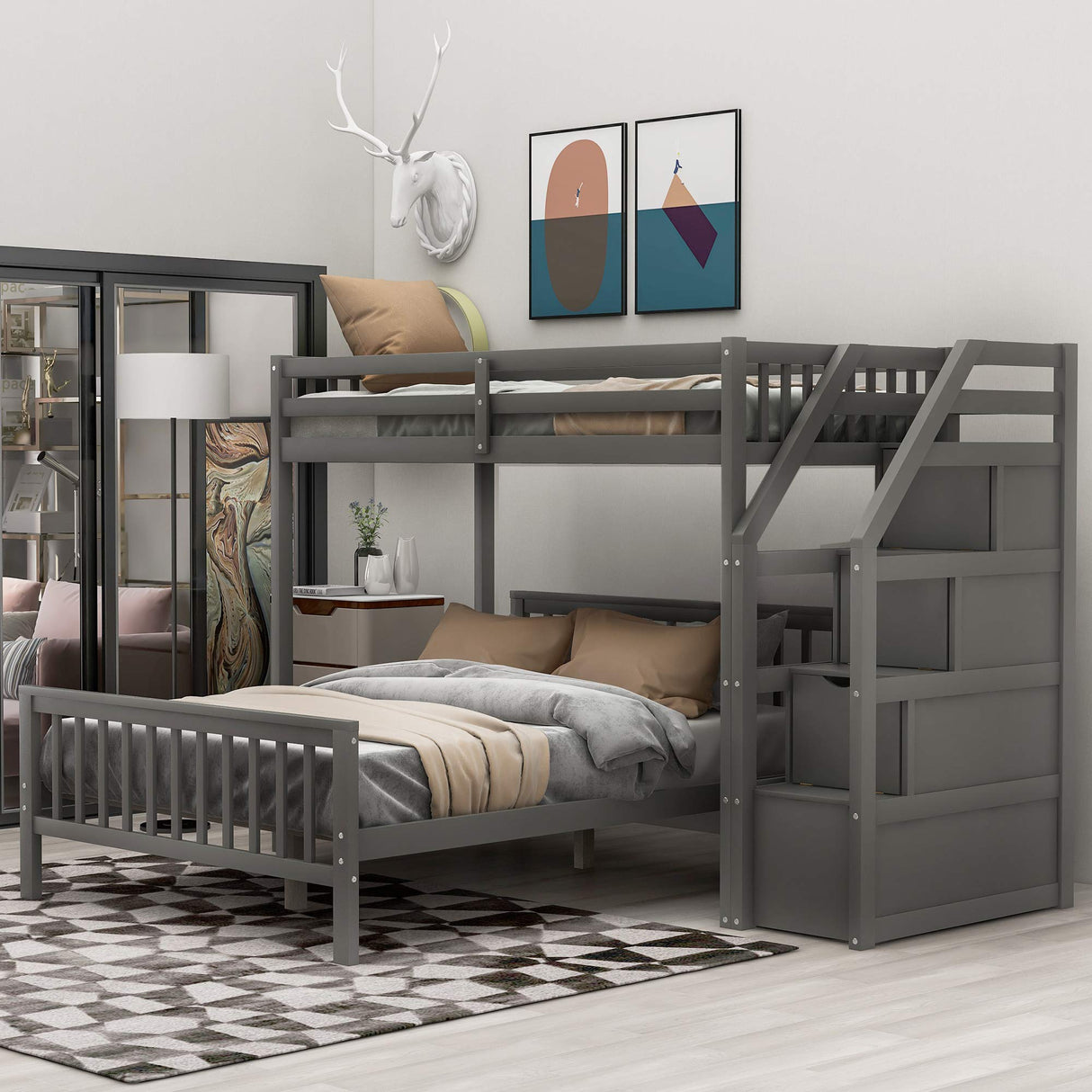 Twin Over Full Solid Wood Bunk Bed with Storage Stairs in Grey Bellemave