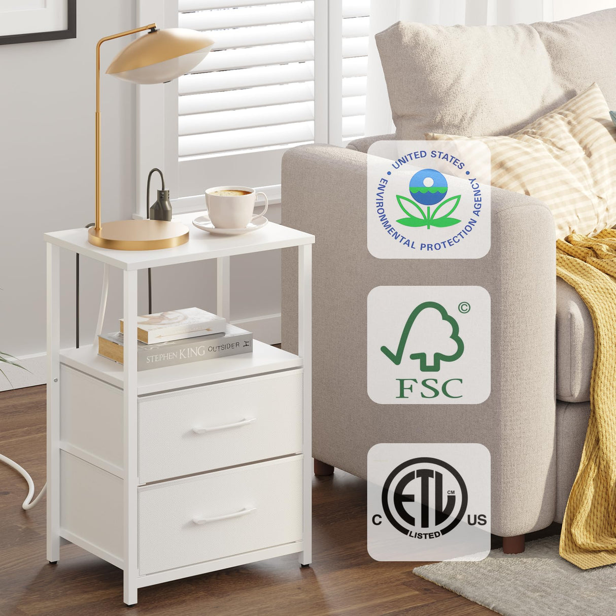 TUTOTAK End Table with Charging Station, Side Table with 2 USB Ports and Outlets, Nightstand with Cloth Drawer, Set of 2, Couch Table, White TB01BW052 TUTOTAK