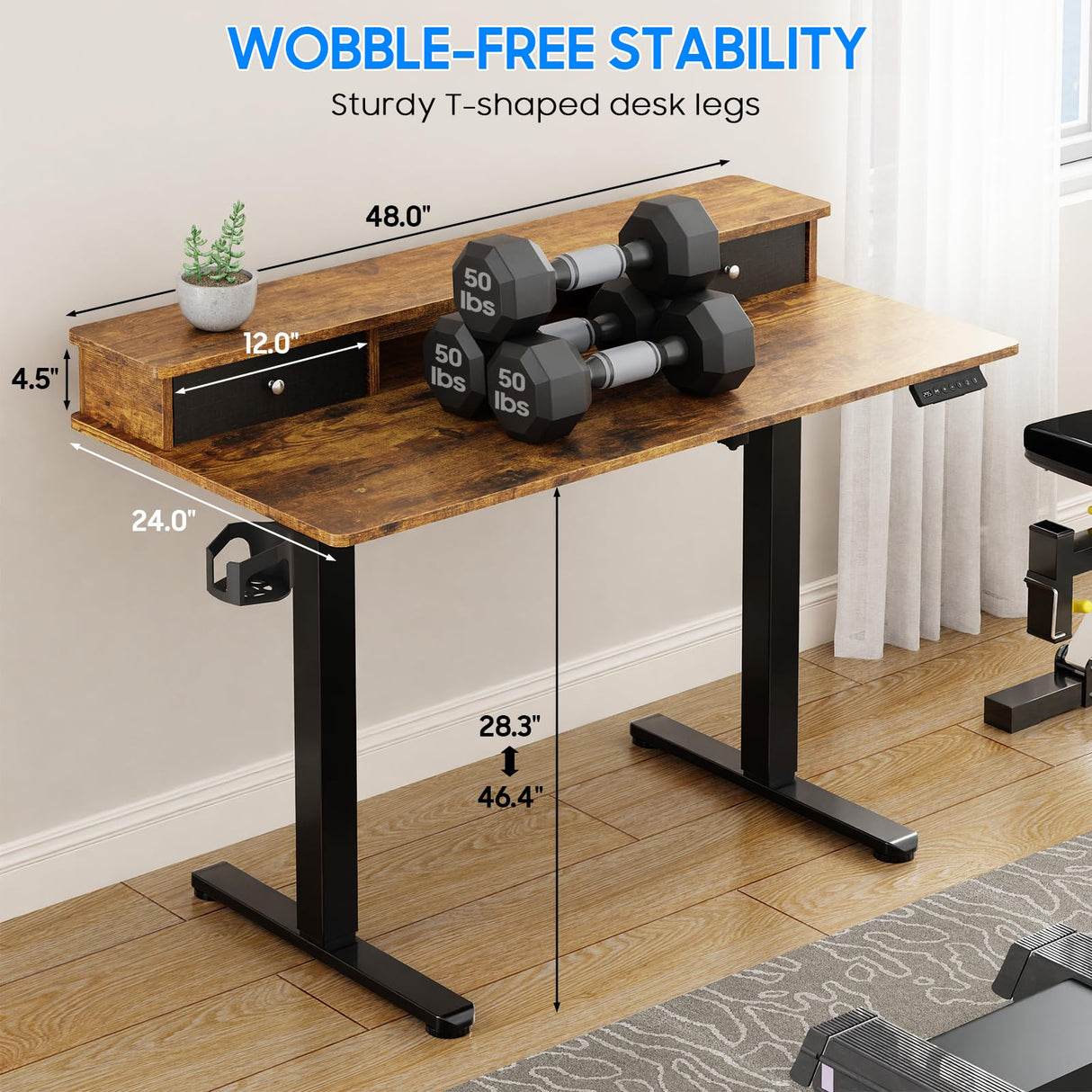 Vabches Electric Standing Desk Adjustable Height, LED Stand Up Desk with Drawers and Charging Station 48 Inch Ergonomic Sit Stand Desk with Storage Uplift Work Desk for Home Office (Rustic Brown) Vabches