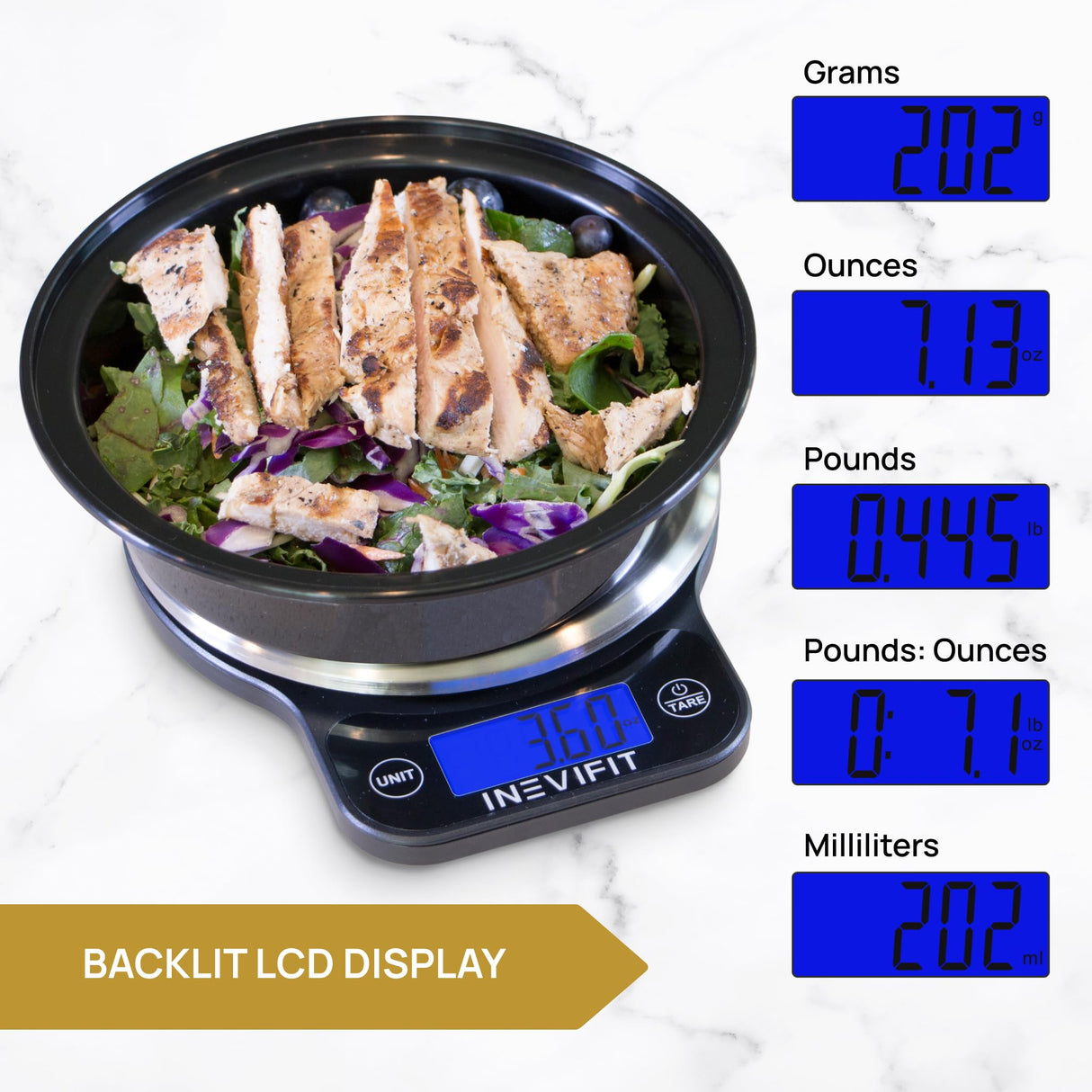INEVIFIT Digital Kitchen Scale, Highly Accurate Multifunction Food Scale 13 lbs 6kgs Max, Clean Modern Black with Premium Stainless Steel Finish. Includes Batteries INEVIFIT