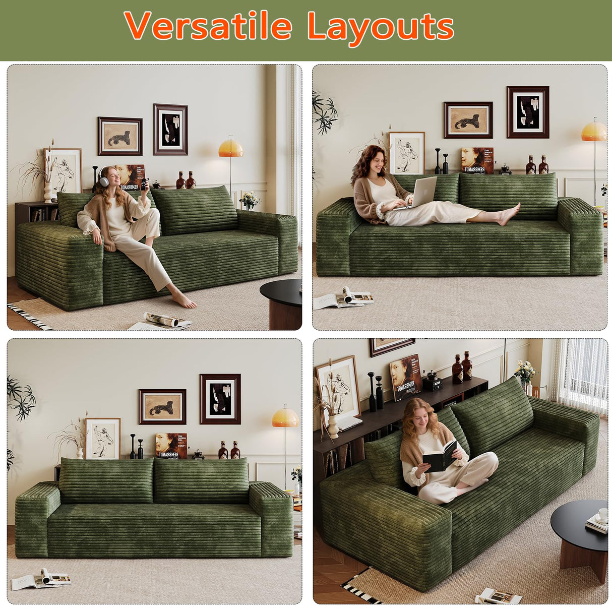 63" Cloud Loveseat Sofa - Boneless Deep Seat 2-Seater, No Assembly Foam Floor Couch, Plush Corduroy Fabric, Modern Living Room Sofa for Small Space Apartment, Bedroom, Office (Green, 63") Klwenas Maec