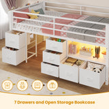 ADORNEVE Low Loft Bed Twin Size with 7 Storage Drawers, Bookcase and LED Lights, Metal Kids Loft Bed with 14" H Safety Guardrail,Inclined Ladder and Play Curtain, Under-Bed Play Space, White ADORNEVE