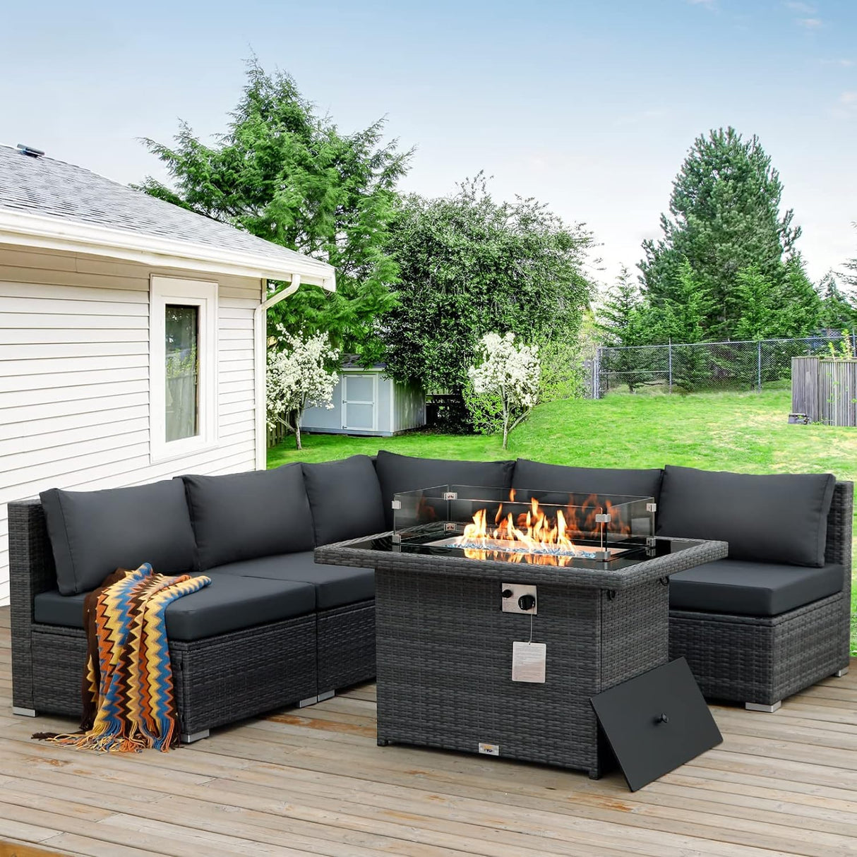 BULEXYARD 6 Pcs High Back Outdoor Patio Furniture Set with Fire Pit, Extra Large L-Shaped Deep Wide Backyard Sectional Seating, Heavy Duty All-Weather Wicker Modular Conversation Couch 5-Seater, Grey BULEXYARD