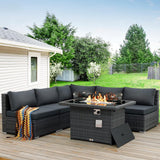 BULEXYARD 6 Pcs High Back Outdoor Patio Furniture Set with Fire Pit, Extra Large L-Shaped Deep Wide Backyard Sectional Seating, Heavy Duty All-Weather Wicker Modular Conversation Couch 5-Seater, Grey BULEXYARD