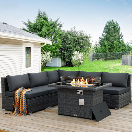 BULEXYARD 6 Pcs High Back Outdoor Patio Furniture Set with Fire Pit, Extra Large L-Shaped Deep Wide Backyard Sectional Seating, Heavy Duty All-Weather Wicker Modular Conversation Couch 5-Seater, Grey BULEXYARD