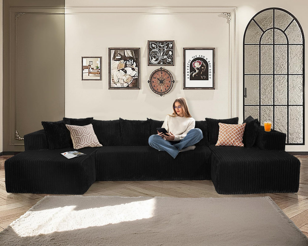 130" Cloud Boneless Sectional Couches for Living Room, U Shaped Sleeper Sofa Bed with Deep Seat Chaise, High Density Foam Compression Sofa, Modular Black Corduroy Couch with 8 Pillows No Assembly CAPCAEK