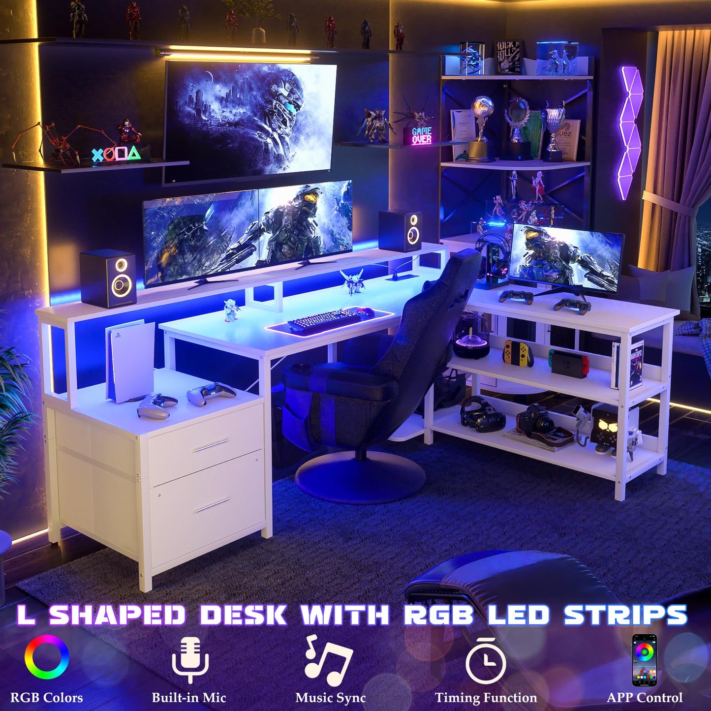 Aheaplus L Shaped Desk with File Drawer, 66" Reversible L Shaped Computer Desk with Power Outlet & LED Strip, Gaming Desk with Long Monitor Stand, Office Desk Corner Desk with Storage Shelf, White