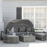 Outsunny 4-Piece Outdoor Rattan Furniture Set, Round Convertible Patio Daybed or Sunbed, Sectional Sofa with Canopy, Pillows, Cushions, Footrest, Table, PE Plastic Wicker, Gray Outsunny