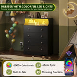 WLIVE Black LED Dresser for Bedroom, Tall Wood Dresser with 4 Drawers and Open Shelf, Chest of Drawers with Charging Station and LED Lights for Living Room, Hallway, Closet WLIVE