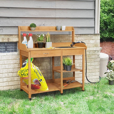 Yaheetech Potting Bench Outdoor Garden Work Bench Station Planting Solid Wood Construction for Horticulture w/Sink Drawer Rack Shelves Natural Wood Yaheetech