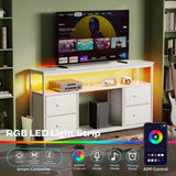 Huuger TV Stand Dresser with Power Outlets and LED Lights, 4 Drawers Entertainment Center with Shelves, 54 Inch Media Console for 55 60 Inch TV, 4 AC Outlets, 2 USBs, Dresser with PU Finish, White Huuger