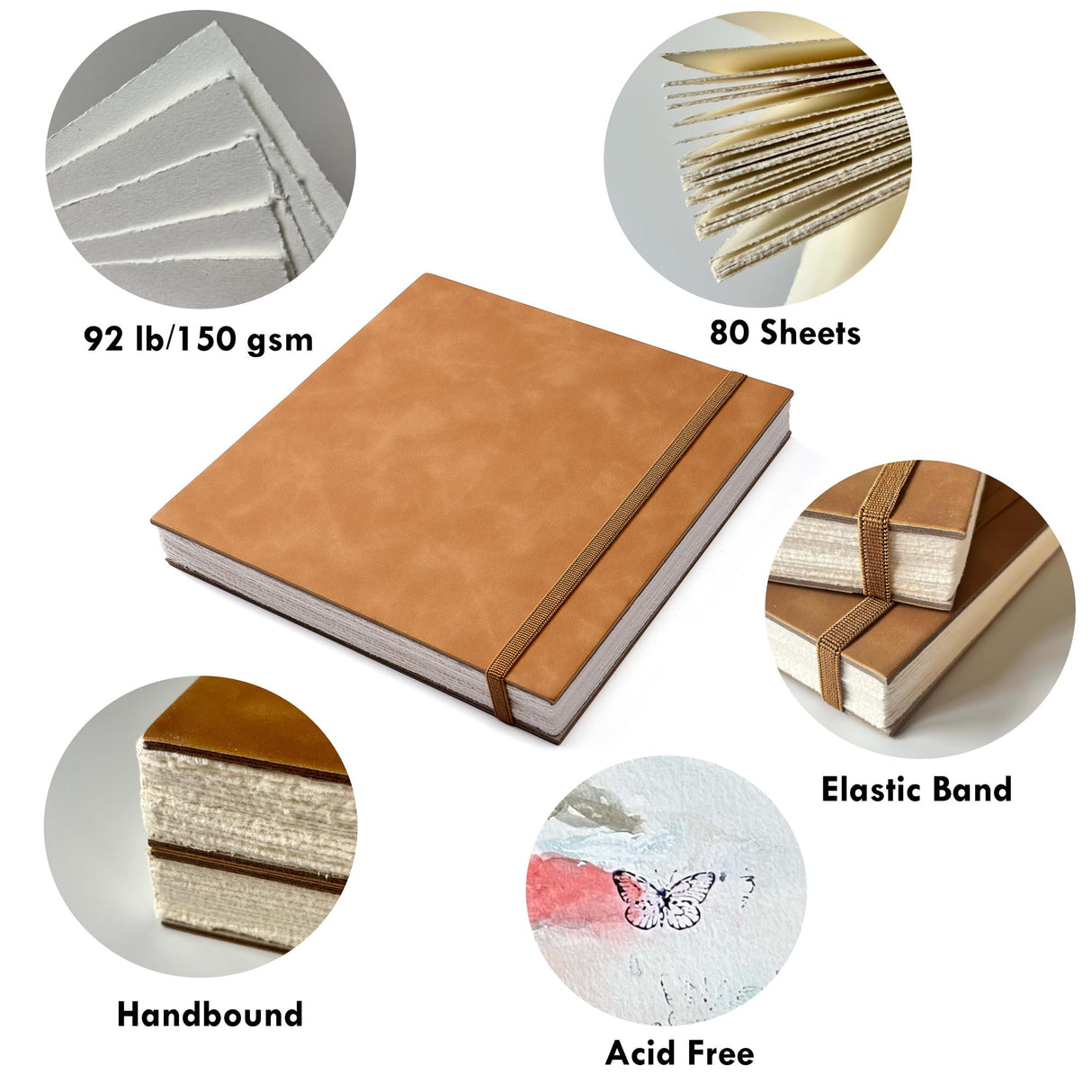 tumuarta Deckle Edge Paper Sketchbook, 92 LB, 150 GSM, 80 Sheets Mixed Media Paper, Acid Free, Handmade Journal Hardbound Sketch Book for Pencil, Ink, Markers, Acrylic and More (6" X 6") tumuarta