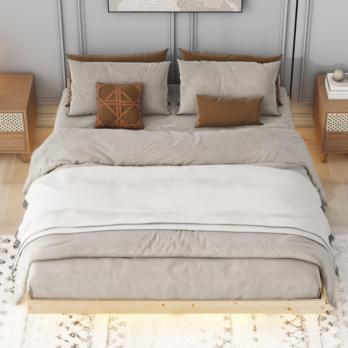 Queen Size Floating Platform Bed with LED Lights and Solid Wood Slats Support by anwickjeff anwickjeff