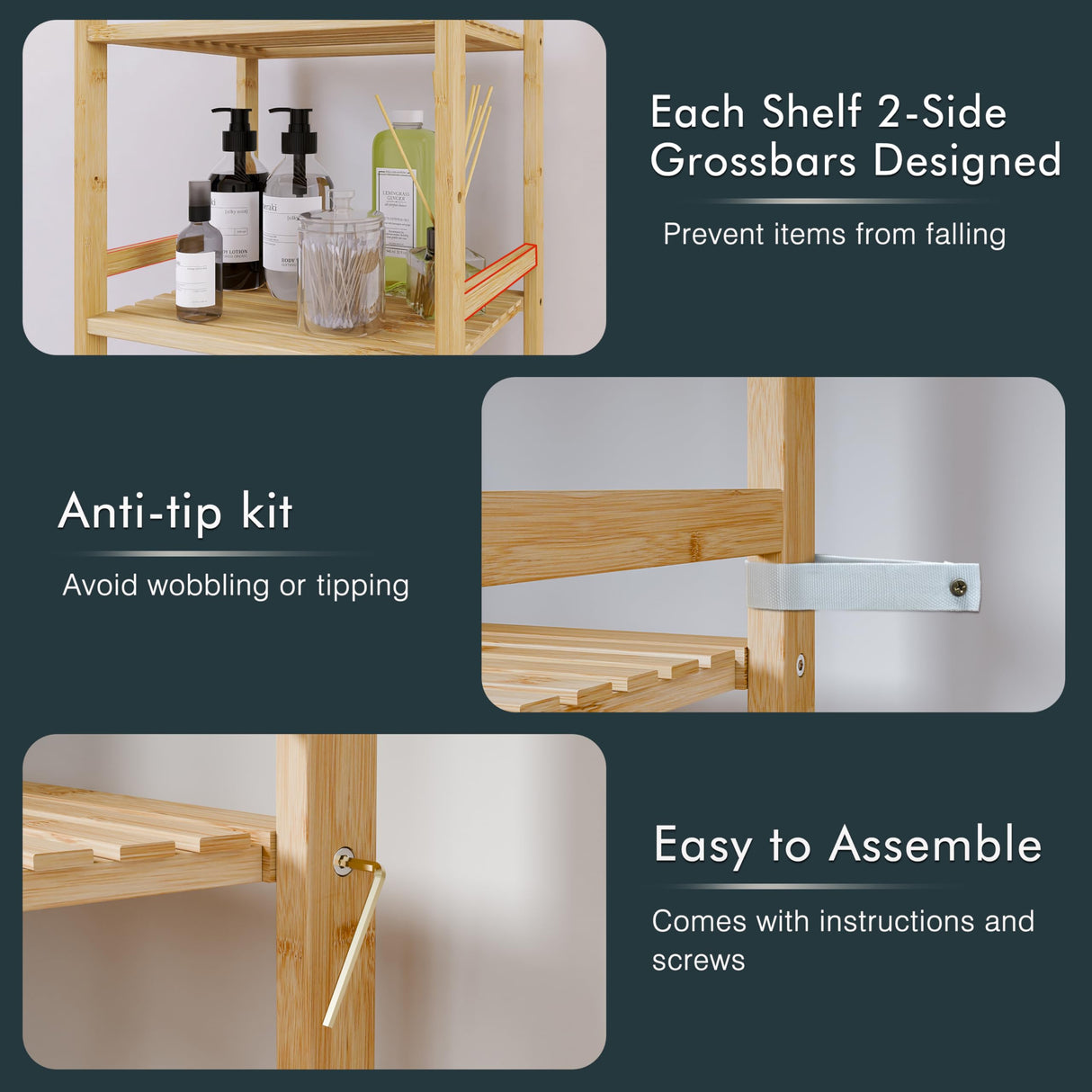 HITNET Tall Narrow Bookshelf, 5 Tier Bathroom Shelf Bamboo, Floor Standing Display Storage Organizer for Small Space, Adjustable Shelves, Natural Wood Bookcase HITNET