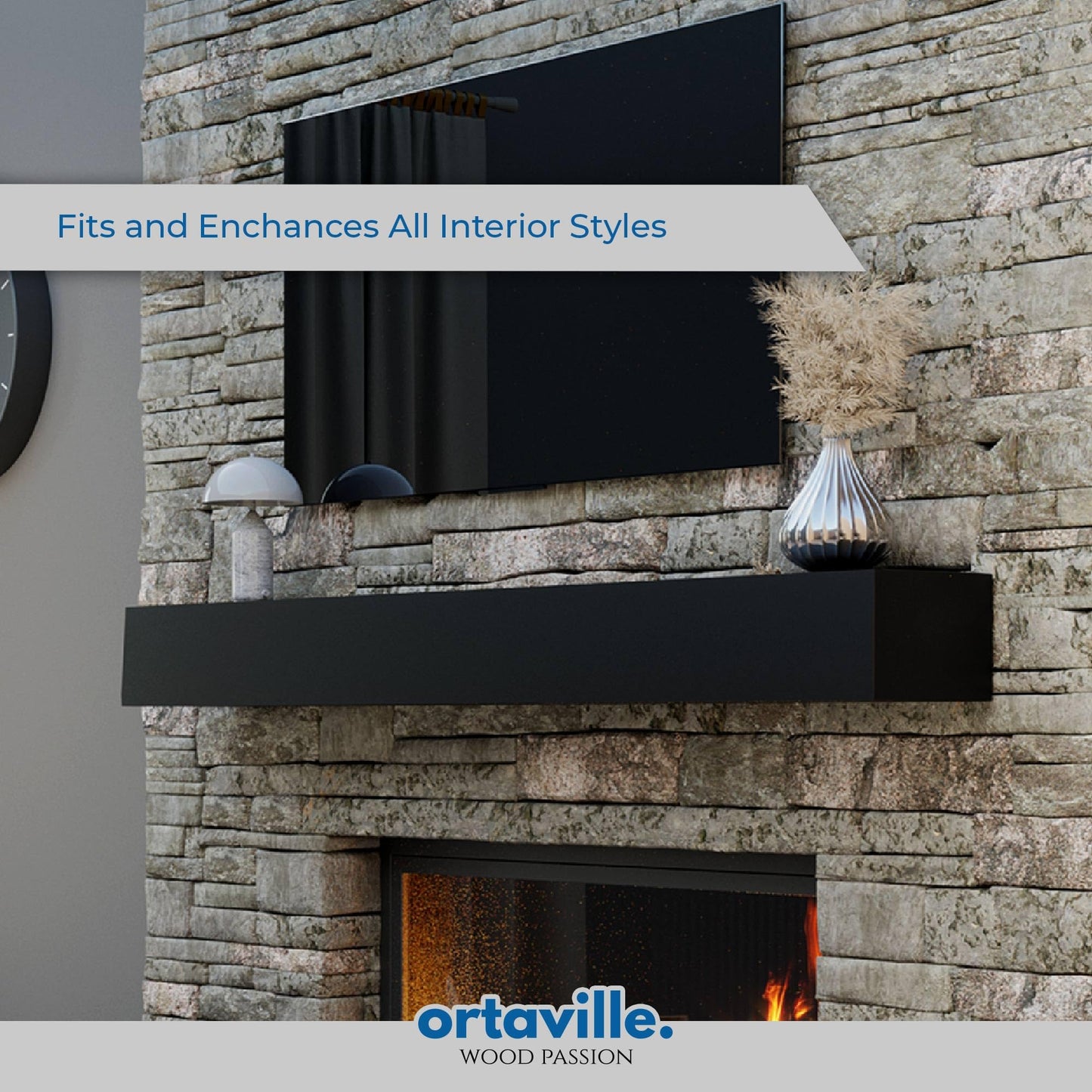 Ortaville Fireplace Mantel, Modern Design, Matte Lacqeur Finish, Wall-Mounted Floating Shelf (72", Black)