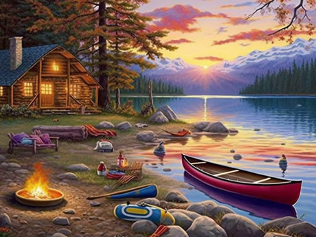 SKRYUIE 5D Sunset Lake Cabin Boat Diamond Painting Kits - DIY Diamond Art Kits for Adults Landscape, Full Round Drill - Crystal Cross Stitch - Adults Craft for Wall & Office Decor - 12x16 inch SKRYUIE