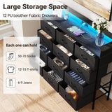 ELYKEN 50”W Black Dresser for Bedroom, Tall Dresser with 12 Drawers and Charging Station, Fabric Chest of Drawers with PU Finish Storage Drawers for Entryway Closet Living Room Hallway ELYKEN