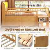 Kids Loft Bed with LED Lights,Wooden Low Loft Bed Twin with House Shape Headboard, 4 Storage Drawers and Stairs for Girls Boys,No Box Spring Needed, Natural Mirightone
