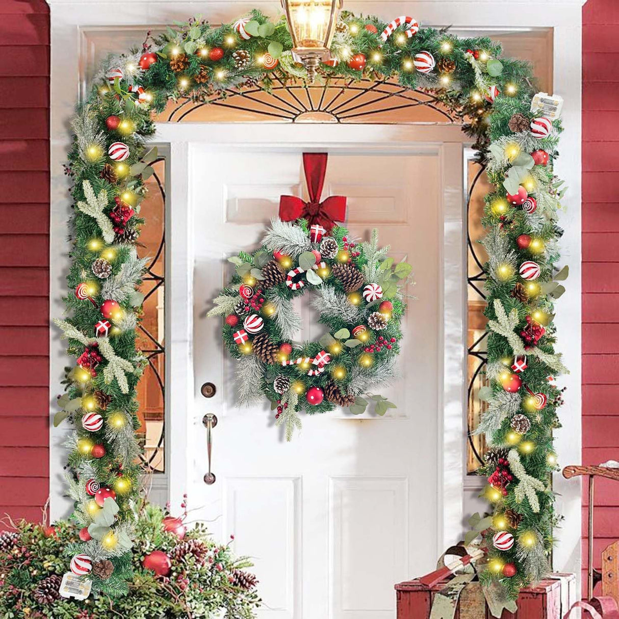 WANNA-CUL Pre-Lit 6 Feet/ 72 Inch Christmas Garland with Lights for Front Door Red White Christmas Mantel Garland Decoration with Ball Ornaments,Candy Canes,Eucalyptus Leaves, Battery Operated 30 LED WANNA-CUL