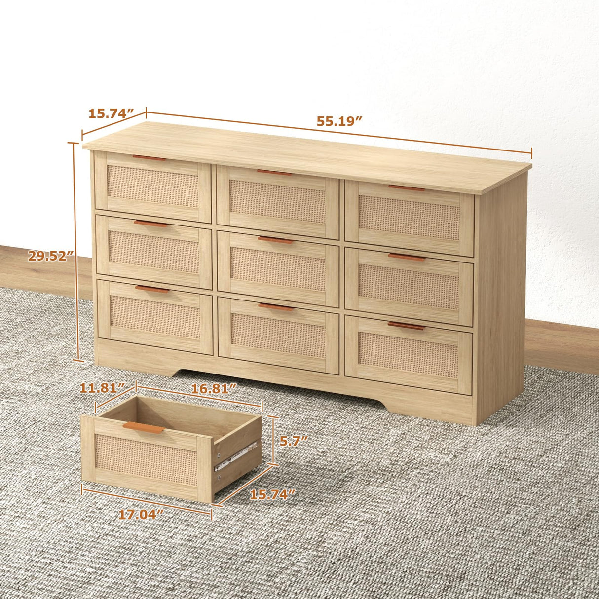 LTMEUTY 9 Drawer Dresser for Bedroom, Rattan Chest of Drawers, Modern Wood Dresser Chest with Golden Handles, 55” Wide Large Storage Long Dressers Organizer for Closet, Entryway, Living Room LTMEUTY