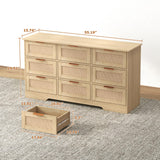 LTMEUTY 9 Drawer Dresser for Bedroom, Rattan Chest of Drawers, Modern Wood Dresser Chest with Golden Handles, 55” Wide Large Storage Long Dressers Organizer for Closet, Entryway, Living Room LTMEUTY