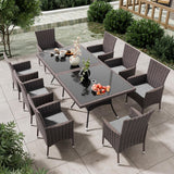 ASJMR 10 Pieces Dining Sets for 8 with Rattan Dining Set Chairs x8 and Square Table Glass Topx2 with Umbrella Cutout, Outdoor and Indoor Set-Grey ASJMR