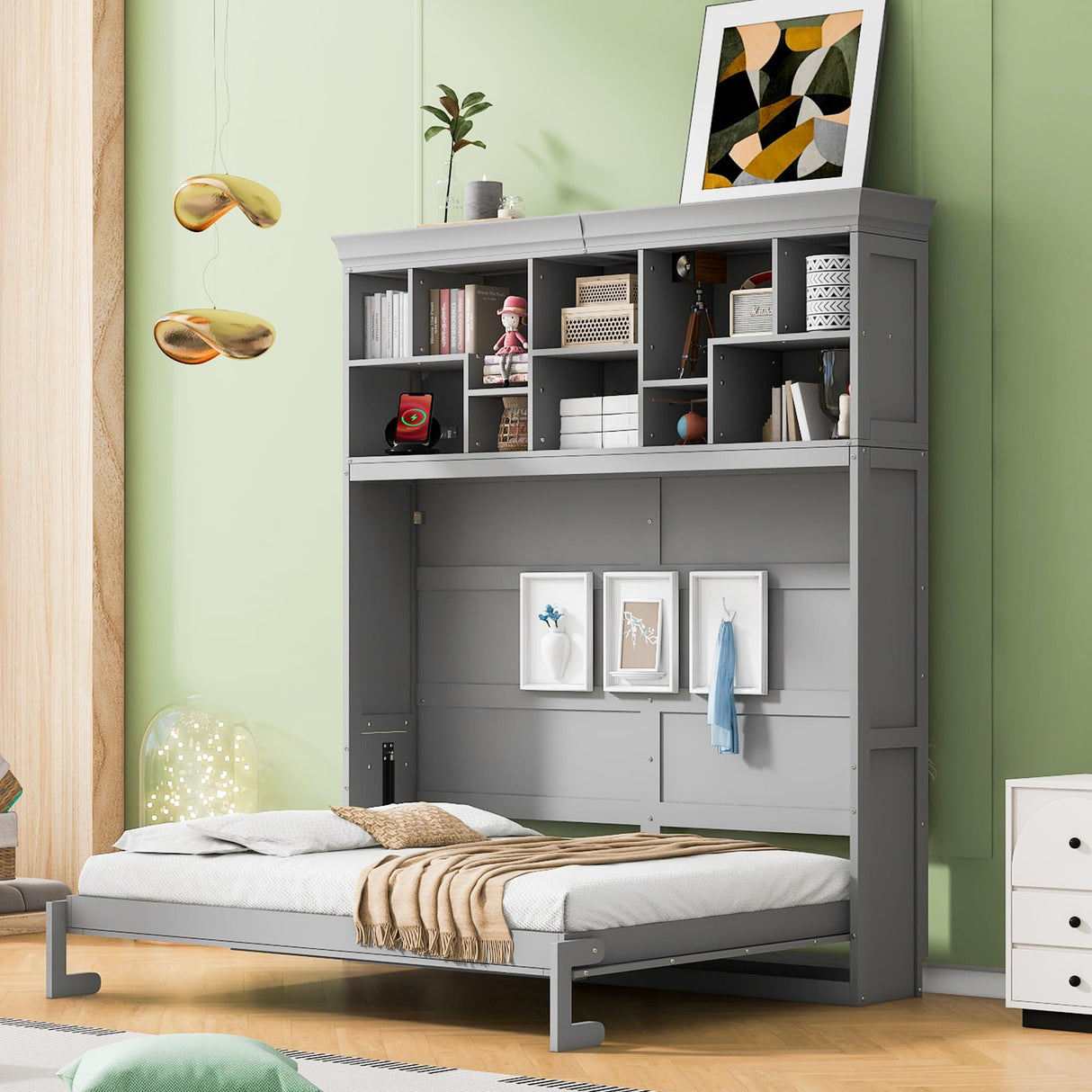 Merax Farmhouse Solid Wood Murphy Bed Chest with Top Shelves & USB Charging, Storage Wall Platform Bed with Wood Slat Support/Space Saving Queen,Gray Merax