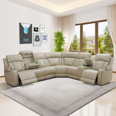 SIENWIEY Power Recliner Sectional Sofa with LED Light,Leather Reclining CornerSectional Couch for Living Room,Corner L Shaped Living Room Sofa Set（Beige，Sectional）