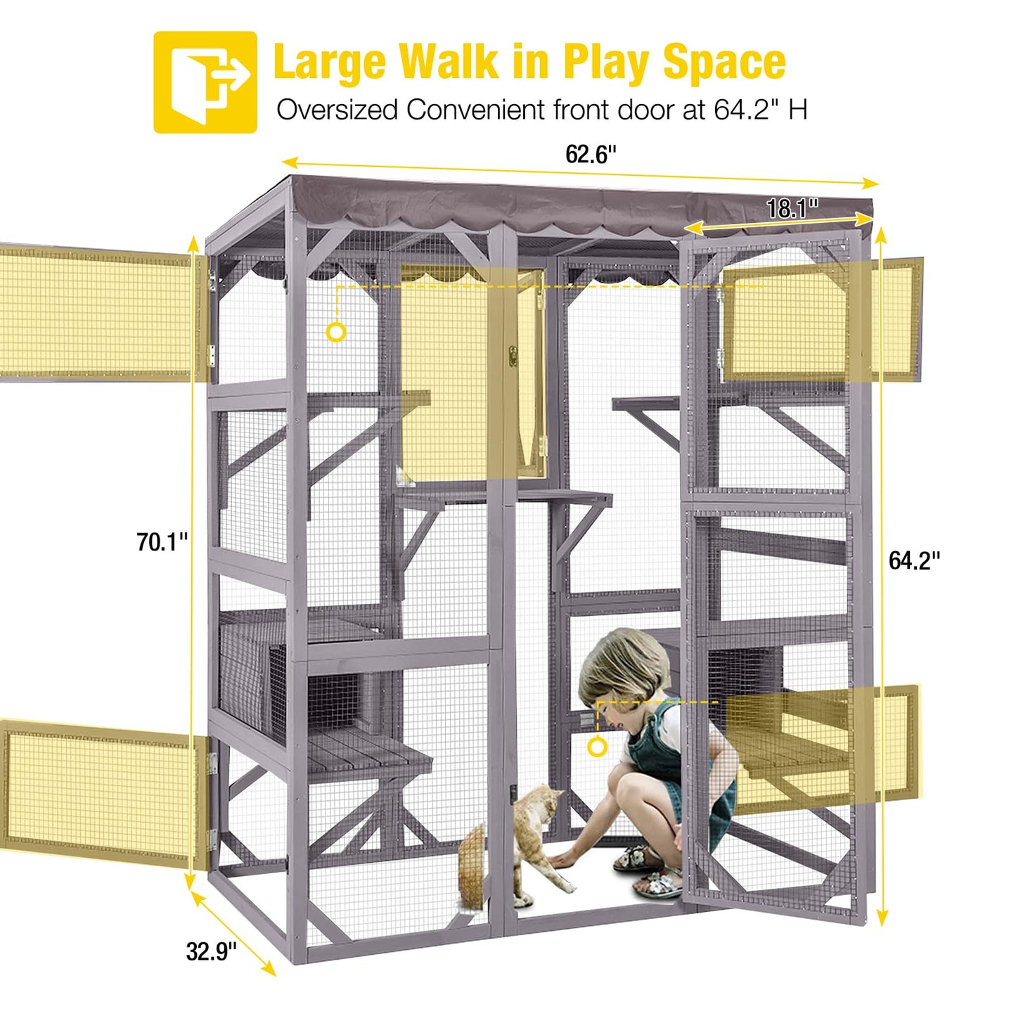 Aivituvin Catio Outdoor Cat Enclosure Large Cat House for Mulitiple Cats Walk in Cat Cage with Tarp Roof 70"