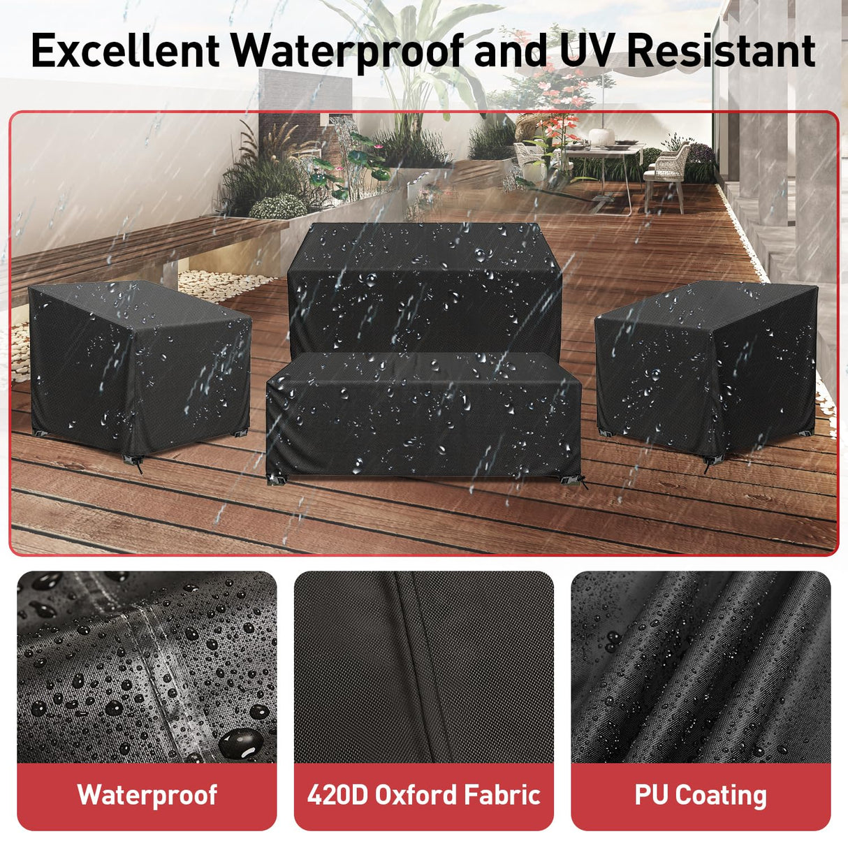 Patio Furniture Covers, 4 Piece Heavy Duty Waterproof Outdoor Furniture Cover with Windproof Buckle Strap, Rattan Wicker Patio Furniture Set Cover for Chair Sofa Black (Black, X-Large) CKCLUB