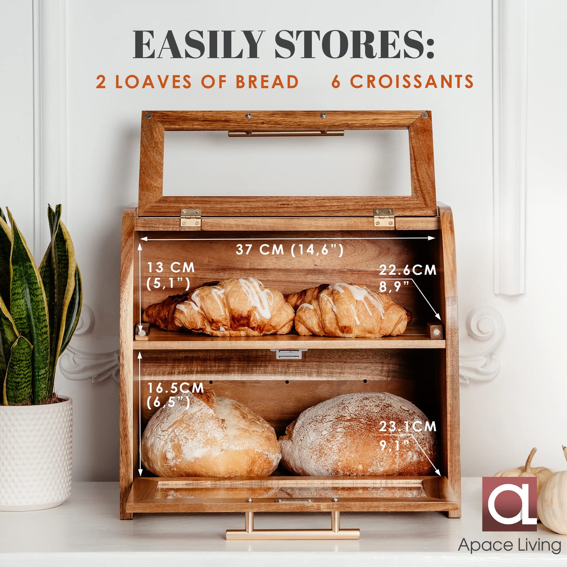 Arise Stylish Acacia Bread Box for Kitchen Countertop, Extra Large 2-Shelf Wooden Bread Storage Container with Clear Windows and Air Vents Keep Bread, Bagels and Rolls Fresh, Self Assembly - WoodArtSupply