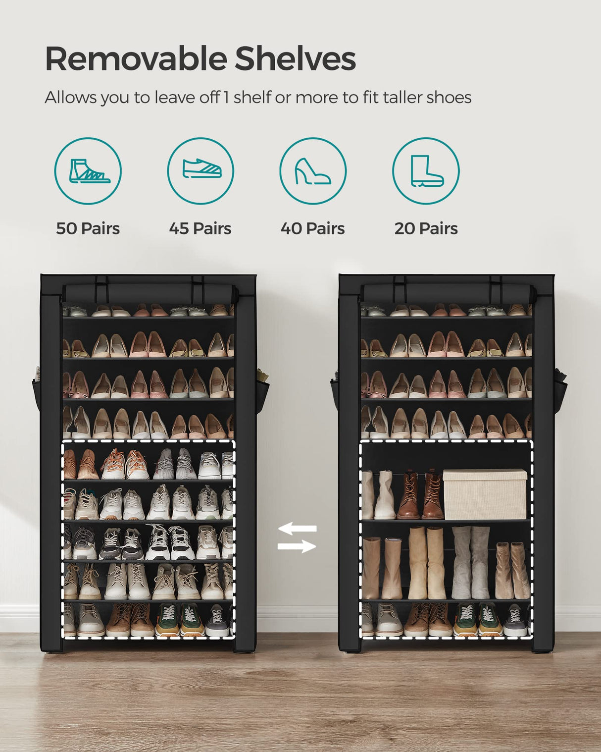 SONGMICS Shoe Rack with Non-Woven Fabric Cover, 9 Tier Storage Shelf for 40-50 Pairs of Shoes, Entryway, Suitable for Sneakers, High Heels, Flats, and Boots, Black URXJ36HV1 SONGMICS