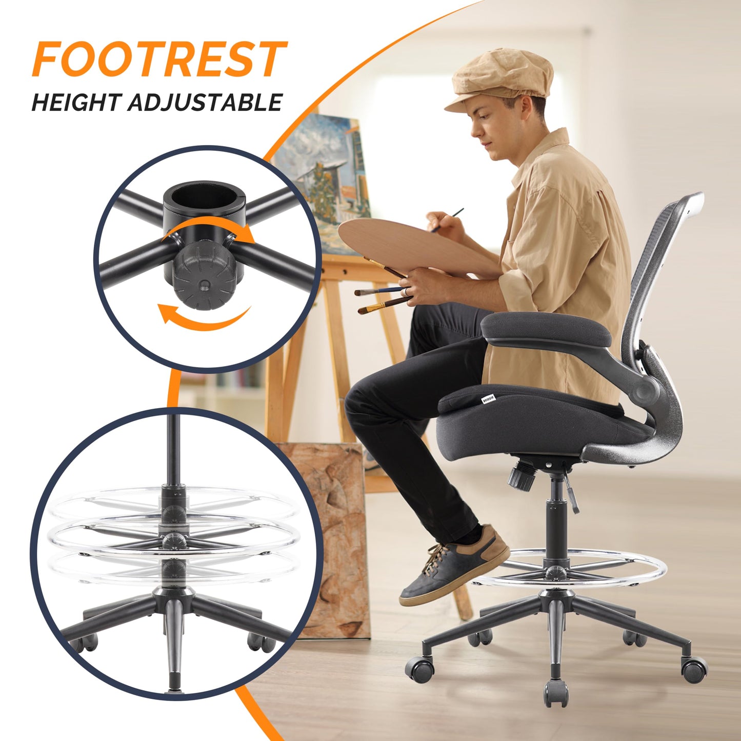 BOJUZIJA Drafting Chair Tall Office Chair, Ergonomic Standing Desk Computer Stools with, Flip-up Armrests, Adjustable Height and Big Foot-Ring, Comfortable Double Seat Cushion Foam Seat(Balck)