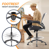 BOJUZIJA Drafting Chair Tall Office Chair, Ergonomic Standing Desk Computer Stools with, Flip-up Armrests, Adjustable Height and Big Foot-Ring, Comfortable Double Seat Cushion Foam Seat(Balck) BOJUZIJA