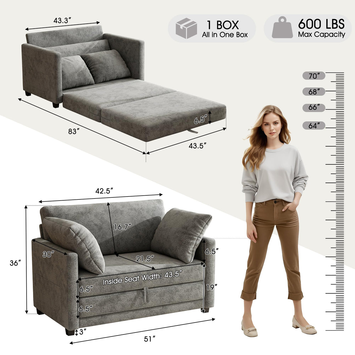 kakuboohi 51" Loveseat Sleeper Sofa Bed, Chenille Convertible Floor Sofa Bed for Small Spaces, Folding Couch Bed with Deep Seat, 2 Pillows & Solid Frame, Pull Out Floor Couch for Living Room, Grey kakuboohi