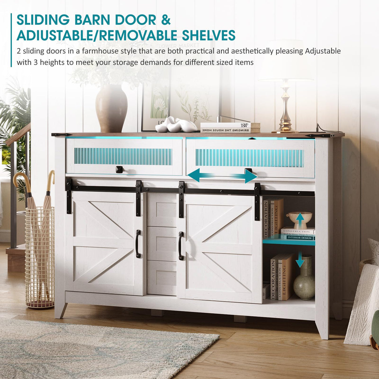 Maupvit TV Stand with Flap&Sliding Doors 47.24" W Television Table Stands with 3 Drawers,LED Lights and Charging Station,Wooden Dresser for Living Room,Hallway,Closet,Entryway,Bedroom,White Maupvit