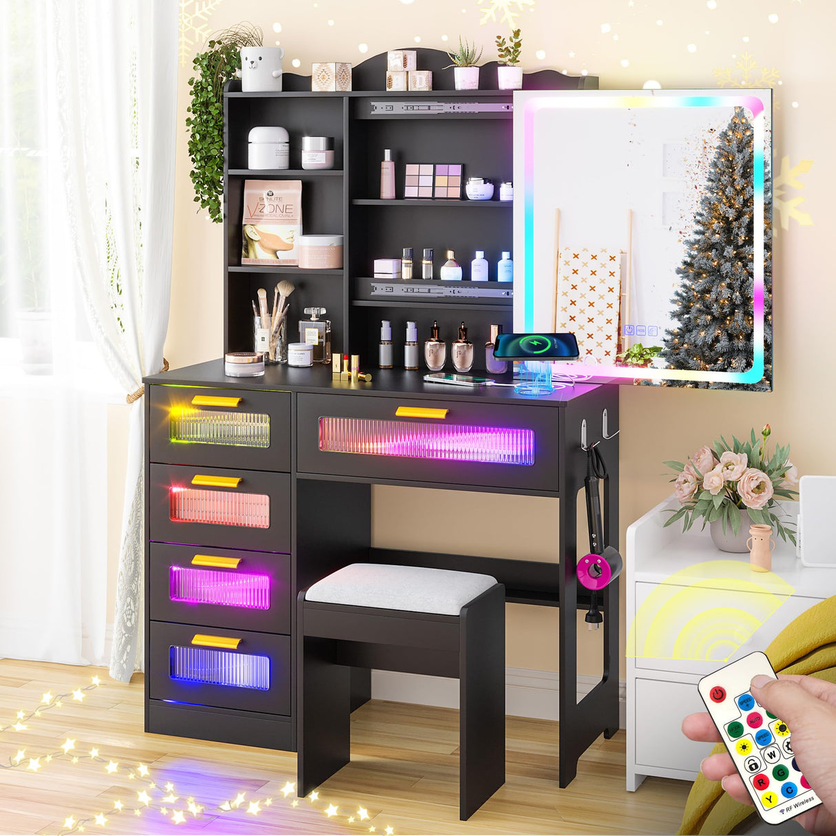 FOMNEY RGB LED Vanity Desk with Mirror and Lights, Makeup Vanity Desk with 3-in-1 Charging Station, Vanity Set with Stools＆Sliding Mirror, Make UP Table with 5 Drawers (Black) FOMNEY