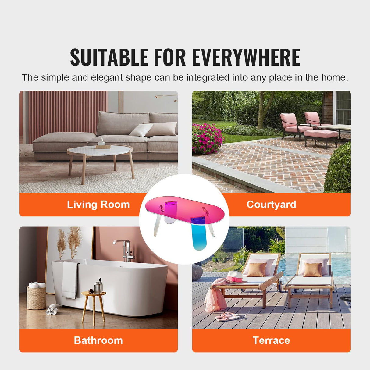 VEVOR Acrylic Coffee Table, Iridescent Acrylic End Table, Colorful Acrylic Side Table 37.4 in (L) x 19.7 in (W) x 13.8IN (H) for Coffee, Drink, Food, Snack Used in Living Room, Courtyard, Terrace VEVOR