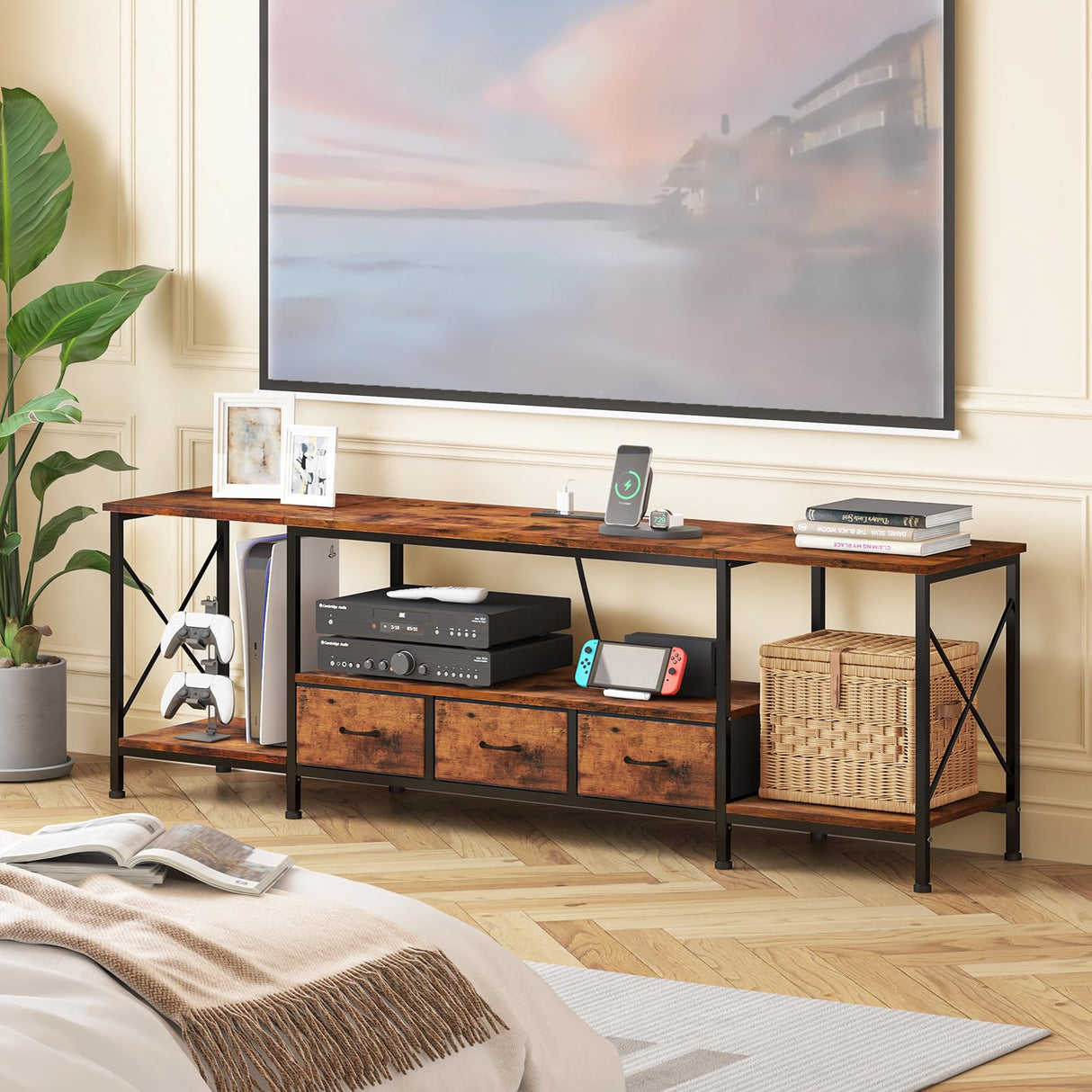 Fixwal TV Stand for 65 60 70 Inch TV with Power Outlets, Entertainment Center with Fabric Drawers, TV Console Table with Metal Frame Storage Shelves for Living Room, Bedroom - 63" Rustic Brown Fixwal