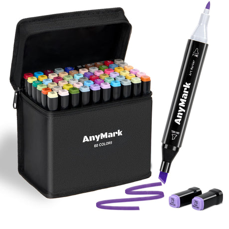 AnyMark 60 Colors Alcohol Markers, Markers Set, Dual Tip Alcohol Based Art Markers for Kids Adults Coloring Drawing, Chisel & Fine, Black Penholder AnyMark