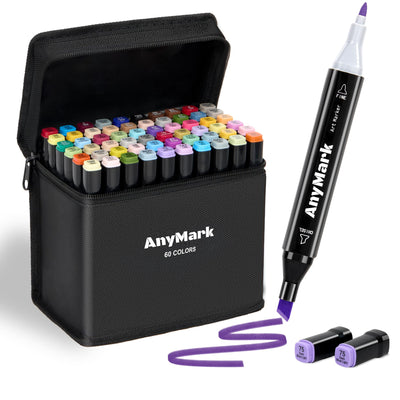 AnyMark 60 Colors Alcohol Markers, Markers Set, Dual Tip Alcohol Based Art Markers for Kids Adults Coloring Drawing, Chisel & Fine, Black Penholder