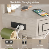 Makeup Vanity Desk, Corner Vanity with Large LED Mirror,Lots Open Shelves,Gray Vanity with Charging Station,Farmhouse Makeup Vanity Table with 3 Lighting Modes, Brightness Adjustable Maupvit