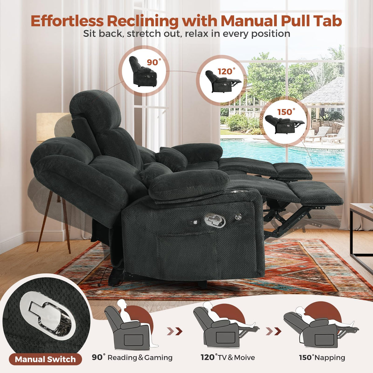 ABCASA 3 Seater Recliner Sofa, Manual Reclining Couch with Flip Middle Backrest, Phone Holder, Side Pocket, Drawer, Power Outlet, Reclining Sleeper for Living Room, Home Theater & RV (Textile - Gray) ABCASA